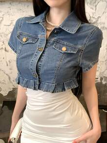 DAZY Camisa vaquera casual de mujer, azul lavado, manga corta, estilo urbano, adecuada para primavera y verano - Azul - Ver 6