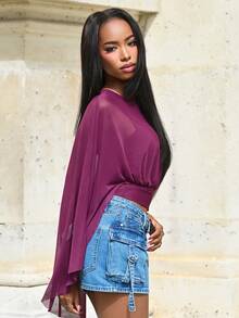 Mima John Women's Women's Burgundy Draped Top With Mesh Sleeves And Ruched Waist Detail Shawl Collar Casual Top, New Year's For Women Summer - Red Violet - View 6
