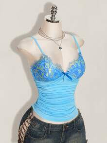 SHEIN ICON Top de tirantes Y2K con encaje de contraste y fruncido - Azul - Ver 1
