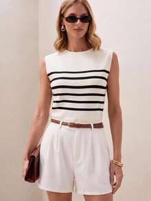 Briarwyn Women's Sleeveless Black And White Striped Cropped Sweater, Fashionable For Autumn City Break Coastal - Black and White - View 4
