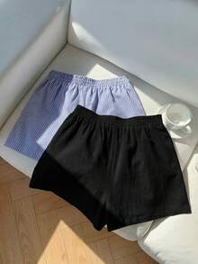 Comfortcana 2pcs/Set Celana Pendek Longgar Kasual Musim Panas Wanita, Set Lilitan Tali Serut Hitam dan Pita Linen, Cocok untuk Liburan Pantai, Sangat Pendek - MultiWarna - View 4