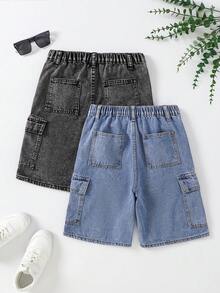 SHEIN 兒童 2件組 青少年男孩灰色藍色牛仔風寬鬆丹寧短褲 開學季夏季街頭穿搭 - 彩色 - 查看 3