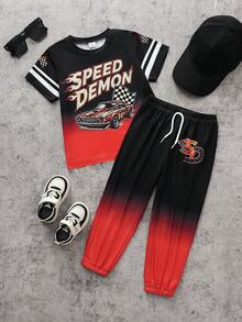 2pcs/Set Kaos Rajut Lengan Pendek Leher Bulat Motif Balap Jalanan Modis untuk Anak Laki-Laki & Celana Panjang Olahraga, Kain Nyaman, Pas, Gaya Baru Musim Semi/Panas, Cocok untuk Berbagai Musim dan Acara - Merah - View 4