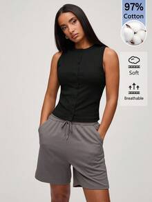 SHEIN BASICS 女款素色修身百搭日常休閒上衣 - 黑色 - 查看 5