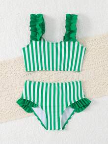 SHEIN Young Girl Spaghetti Strap Striped Vacation Style Bikini Set - Green - View 3