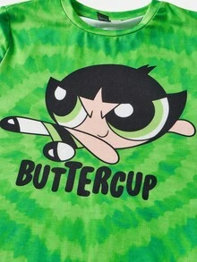 THE POWERPUFF GIRLS X SHEIN Tween Girl 3-Tone Heart & Spiral Tie-Dye Cartoon Character Graphic Knit Crew Neck T-Shirt Set - Multicolor - View 6