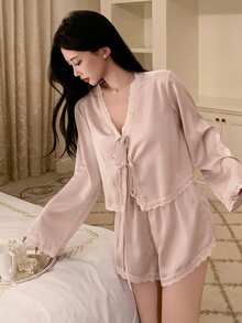 DAZY Romantic Lace Patchwork Satin Lace-Up Top & Ultra Short Pajama Pants 2pcs Set Women's Sleepwear - Baby Pink - View 3