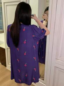 Dazy Plus 時尚葉子與花卉印花圓領 A 字版型寬鬆長款家居洋裝 優雅睡袍 夏季睡衣 - 紫羅蘭色 - 查看 5