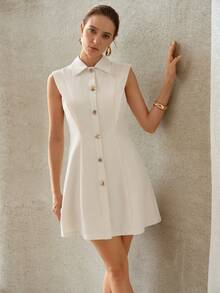 MOTF PREMIUM WOMEN'S SOLID COLOR BUCKLE DECOR SLEEVELESS COMMUTER WHITE SHORT DRESS - Apricot - View 6