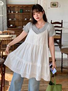 Dazy Plus Contrast Lace A-Line Camisole Top, White Layered Casual Tank Top For Girls, Versatile Spring/Summer Style - White - View 7