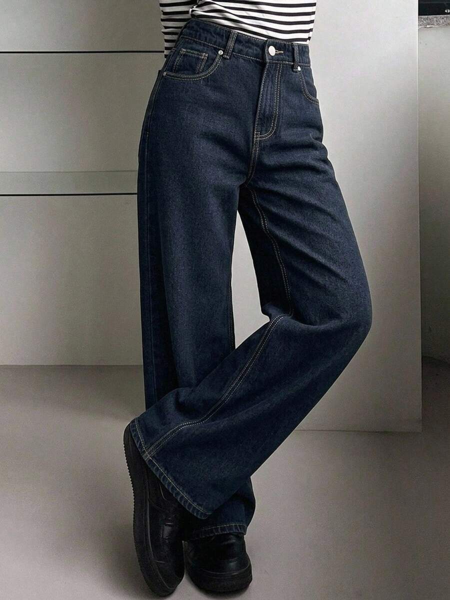 DAZY Women's Loose Fit Flare Leg Long Denim Jeans - Blue - View 1