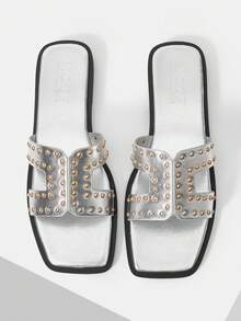 MOTF SANDALIAS PLANAS DE MODA DE VERANO PARA MUJER, CASUALES DE CALLE Y DESPLAZAMIENTO, CON DECORACIÓN DE REMACHES Y PUNTA ABIERTA, ZAPATOS DE PRIMAVERA - Plateado - Ver 1
