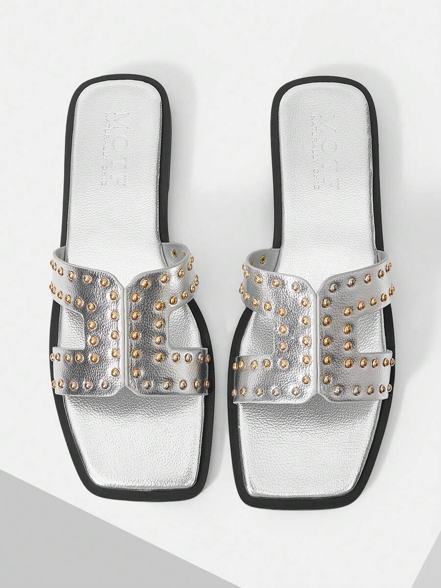 MOTF SANDALIAS PLANAS DE MODA DE VERANO PARA MUJER, CASUALES DE CALLE Y DESPLAZAMIENTO, CON DECORACIÓN DE REMACHES Y PUNTA ABIERTA, ZAPATOS DE PRIMAVERA - Plateado - Ver 1