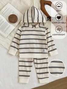 SHEIN Playful Pals 2件組 幼兒男童時尚條紋長袖連帽上衣與長褲套裝，柔軟加厚運動休閒服，適合日常穿著與戶外玩耍 - 彩色 - 查看 8