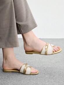 CUCCOO BIZCHIC Women's Fashion Gold Simple Buckle Color Matching Flat Sandals Summer - Gold - View 3