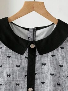 Teen Girl Bow Print Colorblock Fashion Dress, Suitable For Campus Daily, , Parties, Afternoon Tea And Other Light Luxury Occasions - Grey - View 6