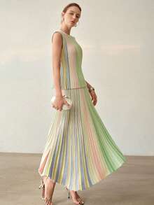 MOTF PREMIUM CONTRAST COLOR STRIPED KNIT SKIRT - Green - View 3