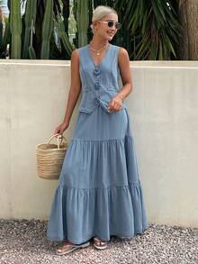 Livesso Spring & Summer Casual Vacation Design Sleeveless Denim Jacket Top & Flared Skirt 2-Piece Set For Women - Light Wash - View 4