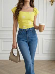 Modelyn Fashionable New Casual Elegant Pastel Yellow Summer Blouse For Women Vacation - Light Yellow - View 6