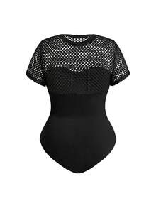 ROMWE Grunge Punk Dark Punk Sexy Mesh Sheer Bodysuit With Waist Cinching And Crotch Opening, Versatile - Black - View 5