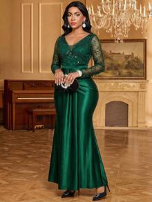 Fleurora Women's V-Neck Lace Patchwork Pleated Elegant Waist Cinched Long Party Dress - Dark Green - View 5