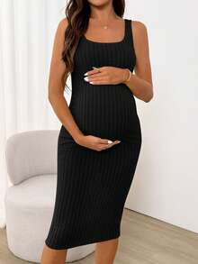 SHEIN Vestido casual ajustado sin mangas de unicolor con textura acanalada para maternidad - Negro - Ver 4