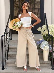 Cévolie Pantalones anchos de pierna ancha con cordón de algodón - Caqui - Ver 4