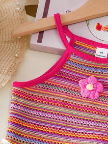 SHEIN Genkimix Kids 夏季新款度假休閒可愛女童幼童吊帶V領鉤編條紋海灘布料可愛鉤編貝殼飾邊上衣搭配紋理荷葉邊短褲套裝 - 粉色 - 查看 4