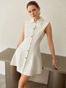 MOTF PREMIUM WOMEN'S SOLID COLOR BUCKLE DECOR SLEEVELESS COMMUTER WHITE SHORT DRESS - Apricot - View 1