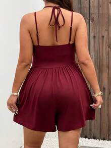 Sunnyshic Casual Elegant Lace-Up Strap Versatile Minimalist French Style Sleeveless Shorts Skirt Jumpsuit Summer Black Plus Size Women's Romper - Burgundy - View 2