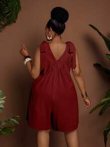 Maweii Plus Size Fashion Women's Summer Elegant Casual Comfortable All Cotton Ruched Deep V-Neck Jumpsuit - Burgundy - View 2