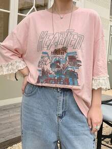 Dazy Plus T-shirt casual versátil de corte largo com bloco de cor, renda contrastante, manga curta e estampado de letras, para mulher e rapariga, tamanho grande, verão - Rosa - Ver 7