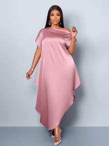 SOLERSUN Plus Size Women's Summer Blush Pink Elegant Formal Long Dress,Satin Slant Off Shoulder Cocoon Asymmetric Pocket Loose Waist Belt Vacation Banquet - Pink - View 7