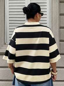 Dazy Plus 拼色拼接寬鬆條紋 Polo 領中袖休閒夏季大尺碼女款 T-shirt - 黑與白 - 查看 4