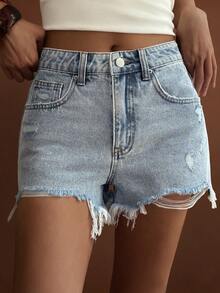 DAZY Women's Summer Frayed Hem Casual Denim Shorts - Light Wash - View 5