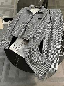 Franclia Plus Size Fitted Stand Collar Raglan Sleeve Cardigan + Slant Pocket Straight Leg Pants - Black and White - View 3