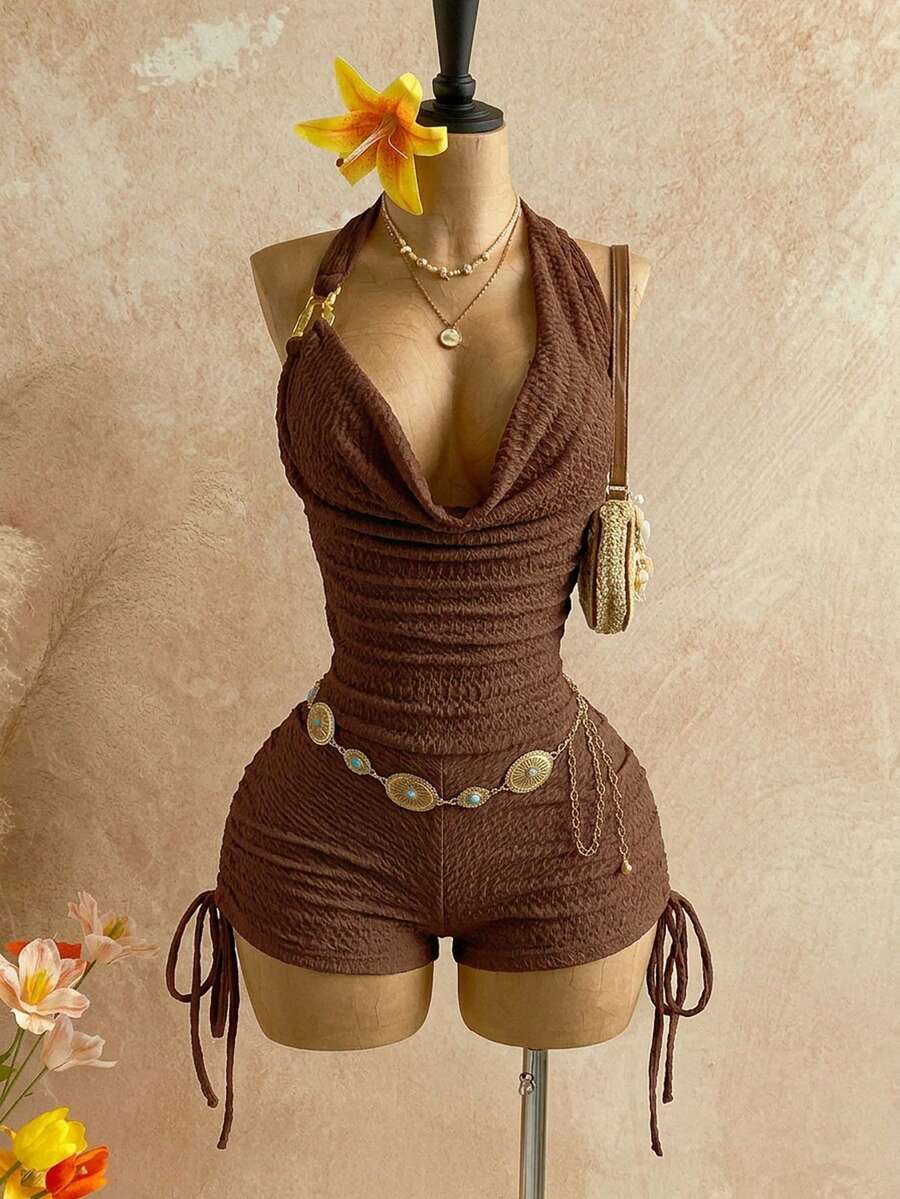 Soleia 女款度假秋冬性感復古漸層印花網紗金屬飾多層荷葉邊領連身褲,派對約會情人節性感顯瘦時尚嘉年華海灘穿搭,內搭/外穿,四季百搭 - 咖啡棕 - 查看 1