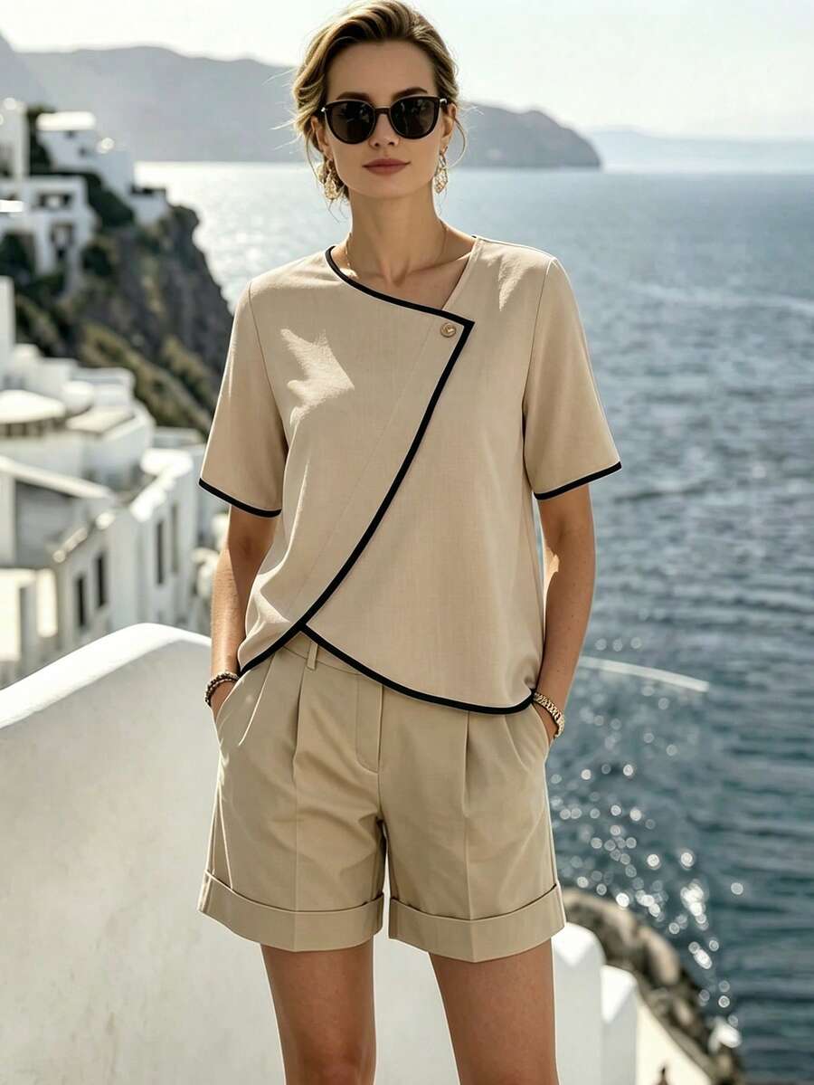 Louniche 女款春夏撞色拼接不對稱寬鬆上衣,度假風,適合旅行與出遊,極簡純色沙灘襯衫 - 卡其色 - 查看 1