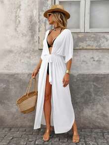 Swim Vcay Damens enfärgade plisserade avslappnade semesterstrandkimono cover-up - Vitt - Visa 6