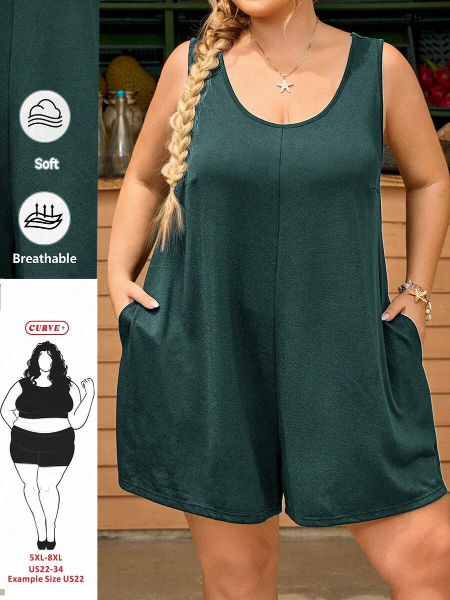 SHEIN CURVE+ 女大尺碼素色圓領口袋休閒寬鬆連身褲 - 綠色 - 查看 1