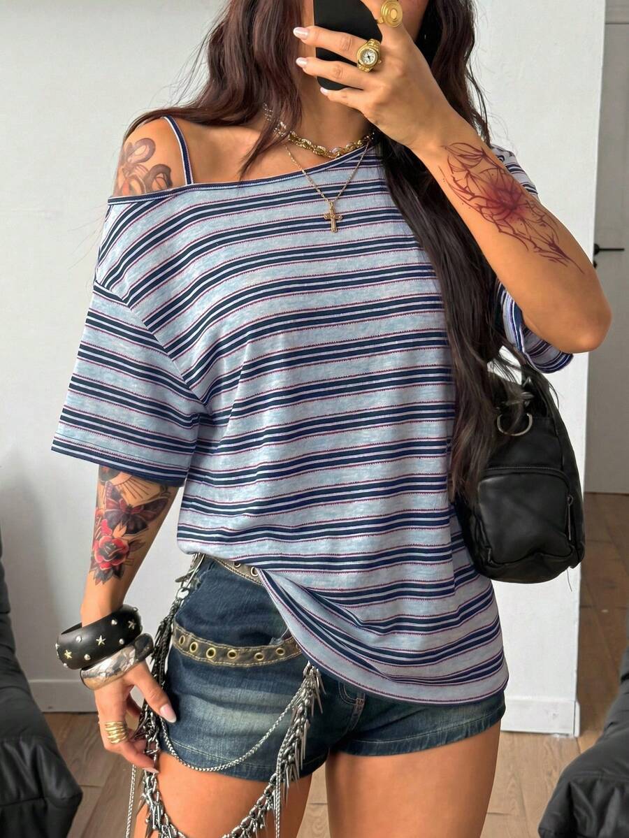 Coolane Women's Striped Asymmetrical Shoulder Short Sleeve Casual Loose Versatile T-Shirt - Baby Blue - View 1