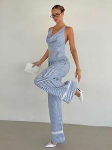 Siren Gaze Cotton Summer Women Blue White Striped Halter Tie Top And Low Rise Wide Leg Pants Casual 2 Pieces Set Y2k Holiday Sexy Festival Vacation Boho Western - Blue and White - View 11