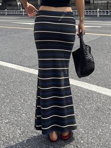 DAZY Women's Summer Casual Striped Fishtail Hem Skirt - Grey - View 2