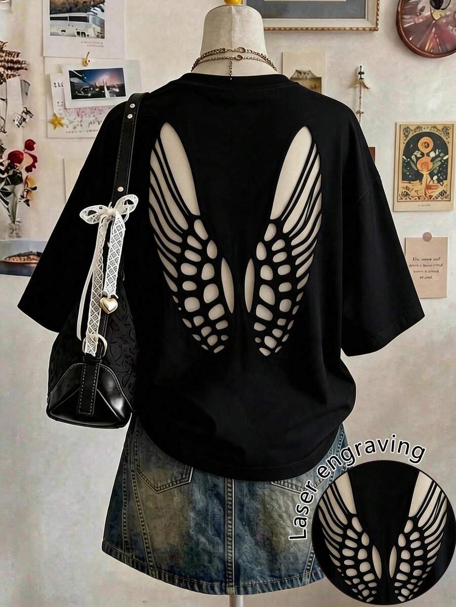 Lalippa 女款圓領短袖露背鏤空寬鬆T恤 - 黑色 - 查看 1