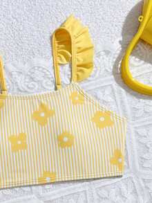 SHEIN Set Bikini Anak Perempuan Remaja Lucu dengan Pita Rajut Warna Pink Polos, Kain Jala Pink Berkerut, Kain Rajut, Set Segitiga, Baju Renang Modis Kasual Indah Elegan, Cocok untuk Berenang, Cocok untuk Liburan, Cocok untuk Musim Panas - Kuning - View 5