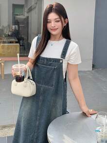 Dazy Plus Dark Wash Distressed Denim Overall Maxi A-Line Dress, All Season - Medium Wash - View 8