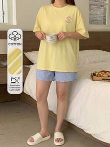 Dazy Plus Cartoon Print Loose Pajama Set, Includes Top And Pants, Spring/Summer/Autumn - Yellow - View 1