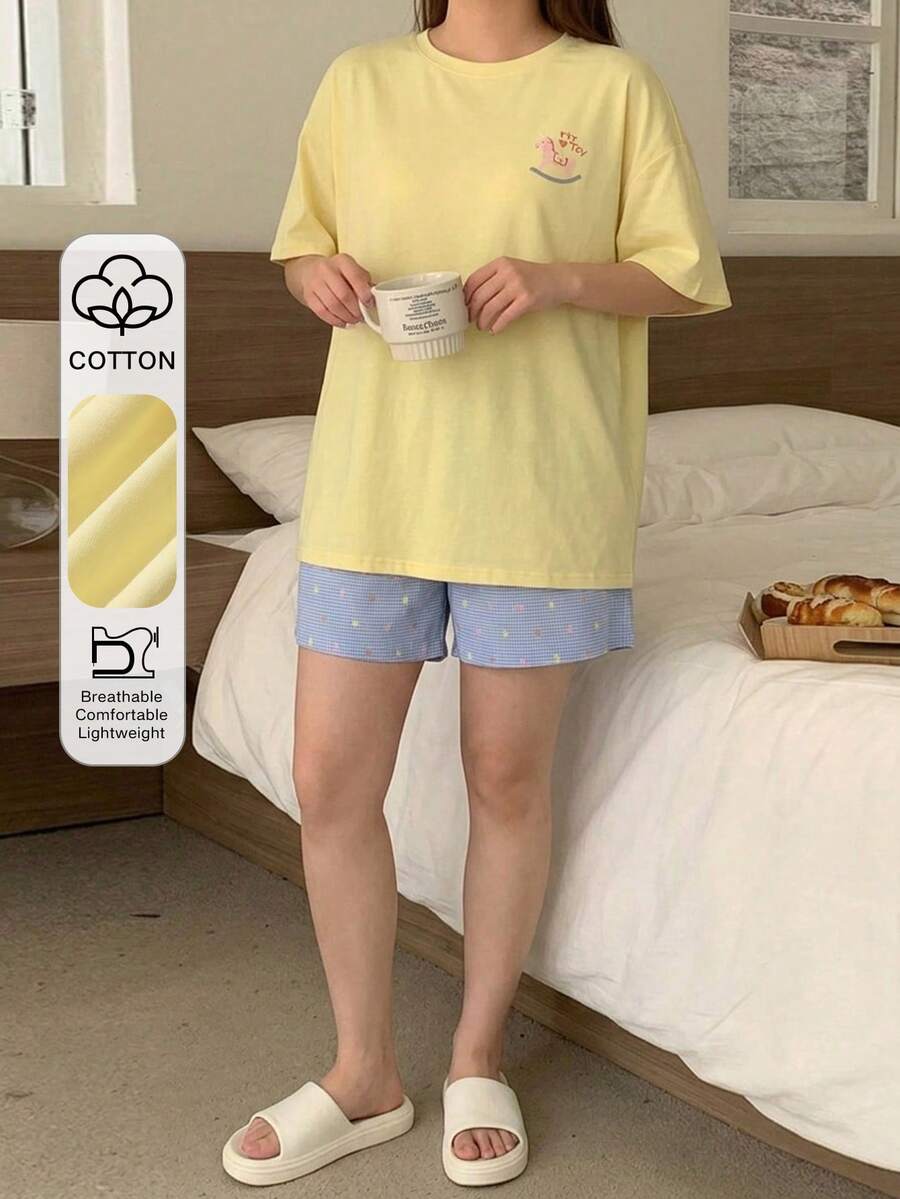 Dazy Plus Cartoon Print Loose Pajama Set, Includes Top And Pants, Spring/Summer/Autumn - Yellow - View 1