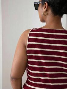 ELLERISSA Plus Size Red & White Striped Button Front Sleeveless Midi Dress - Red and White - View 2