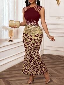 SHEIN Lady 2025 New Women's Elegant Leopard Print Fishtail Hem Burgundy Dress, Summer,Cheetah Print - Burgundy - View 9